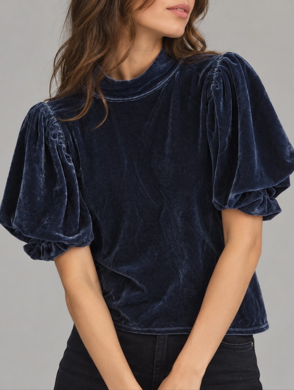 Free People Claudia Outerspace Blue Velvet Puff Sleeve Top Womens Size Medium